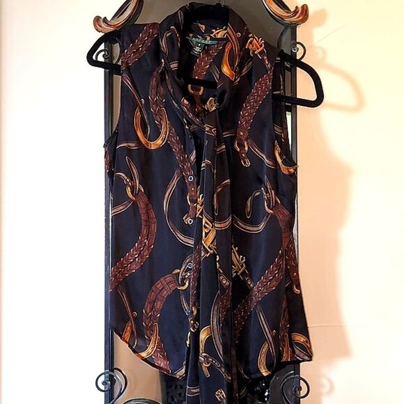 Vintage Ralph Lauren 100% Silk Equestrian Sleeveless Tie Front Blouse - Picture 10 of 12